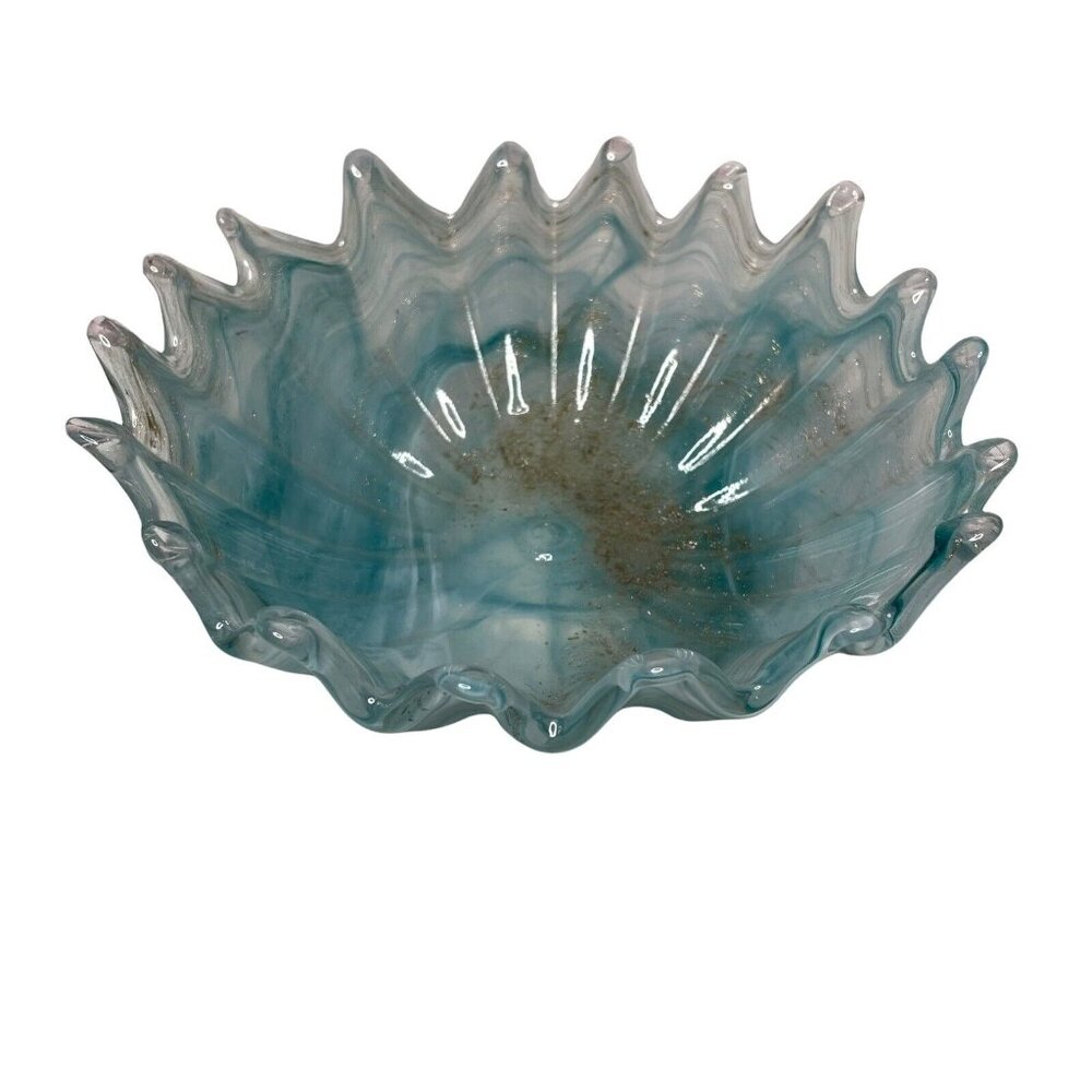 Murano Art Glass Wave Bowl Light Blue 24k Gold Flecked 8.5” Scalloped Edge MCM - Picture 4 of 8